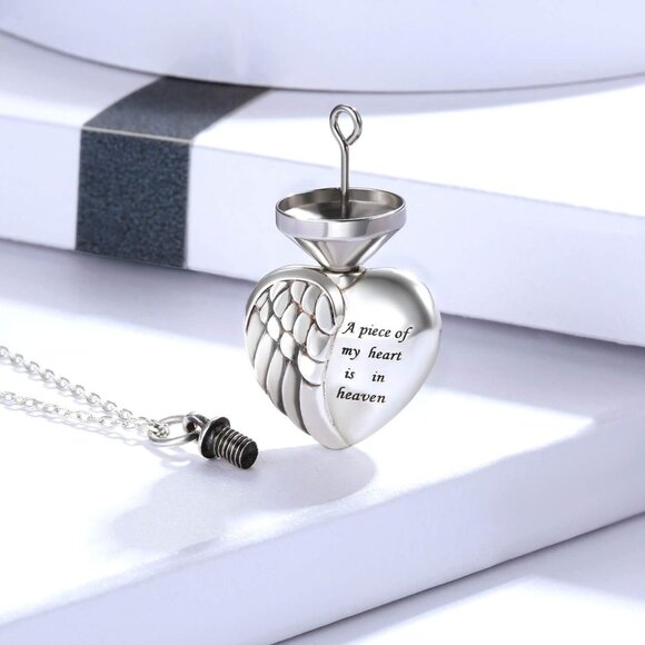 Sterling Silver Angel Wing Heart Urn Necklace Memorial Keepsake for Ashes - Picture 4 of 7